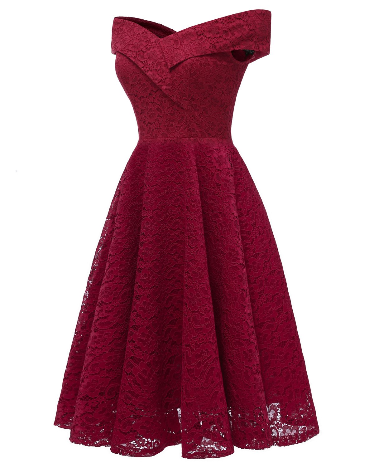Burgundy Lace Bridesmaid Gown Short Party Dress with Off-the-shoulder
