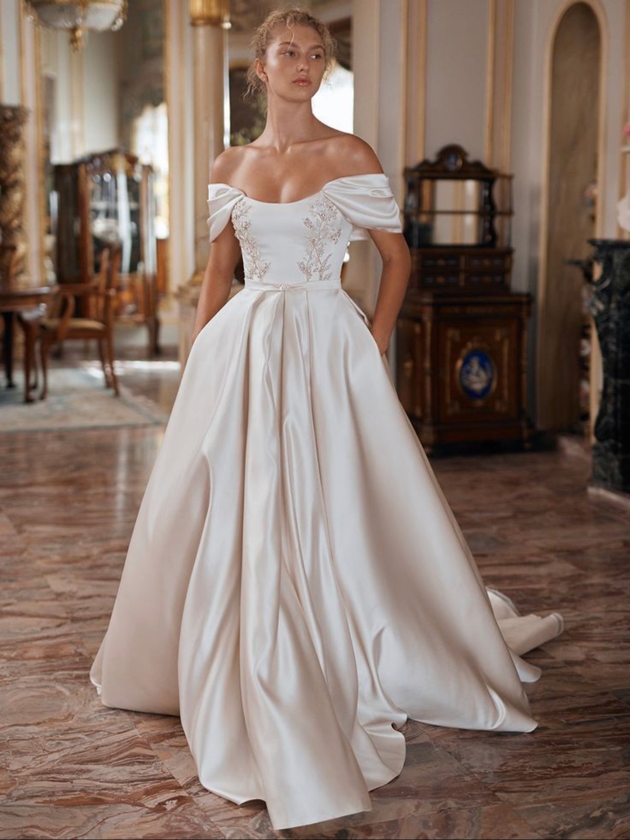 beaded-appliques-satin-wedding-gown-with-ruched-off-the-shoulder