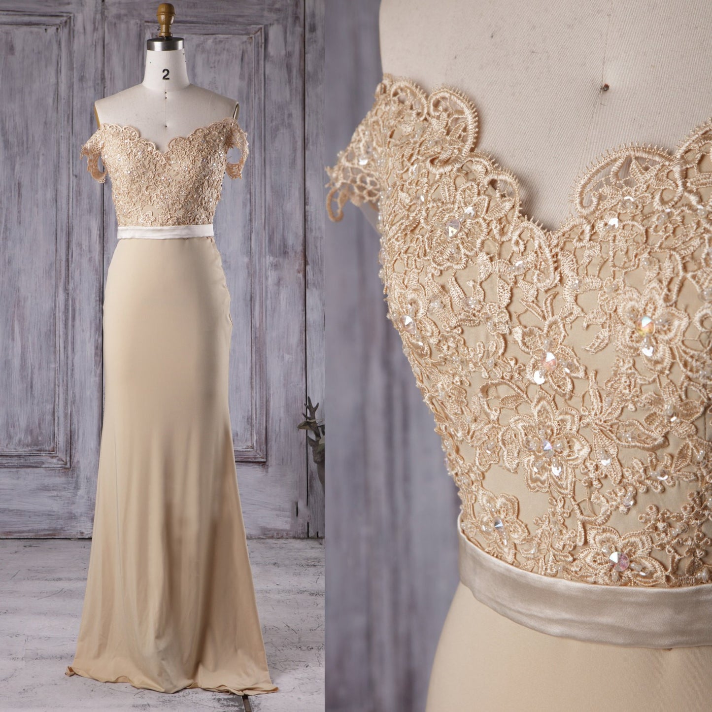 Champagne Long Bridesmaid Dresses with Beaded Lace Off-the-shoulder