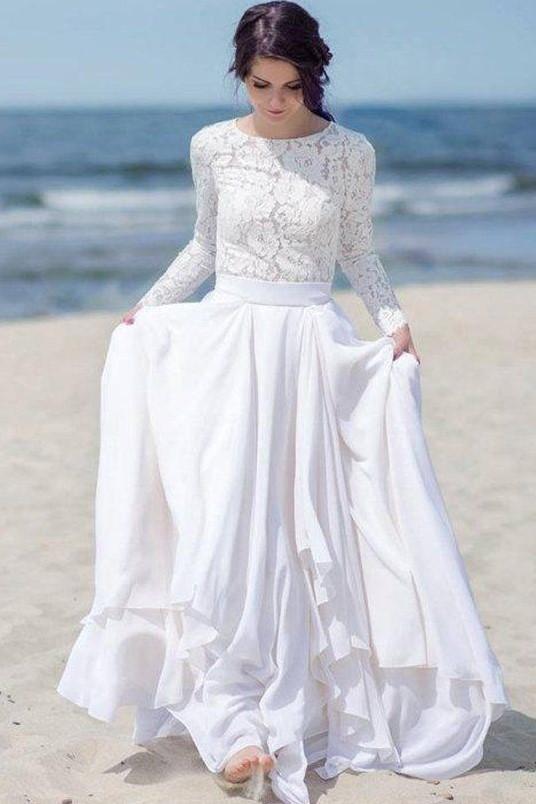 chiffon-skirt-boho-wedding-dresses-lace-long-sleeves