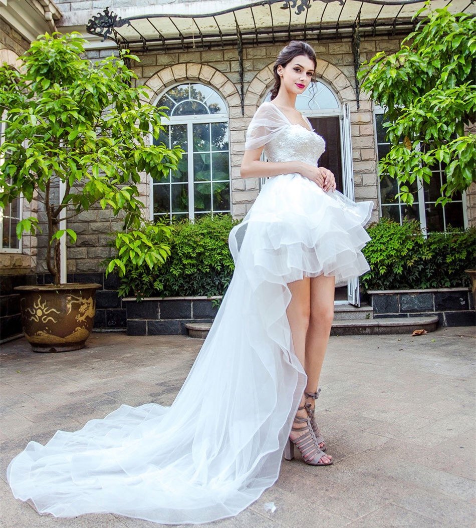 Horsehair Trim Hi-lo Wedding Dresses with Tulle Wrapped Sleeves