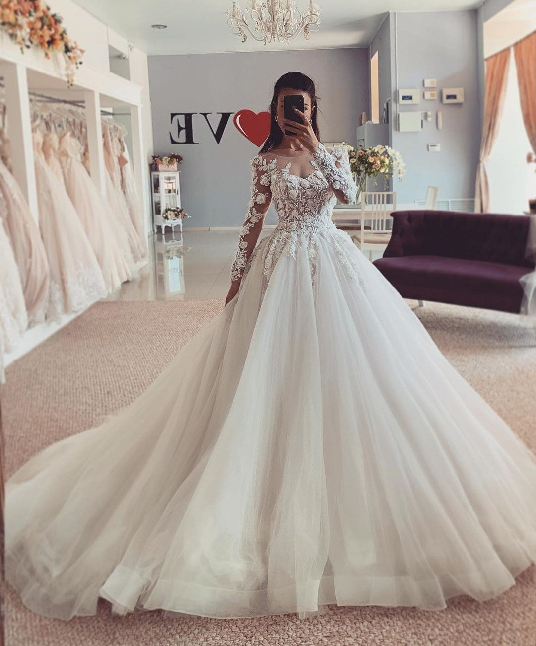 illusion-neckline-tulle-wedding-gown-with-flower-lace-sleeves-1