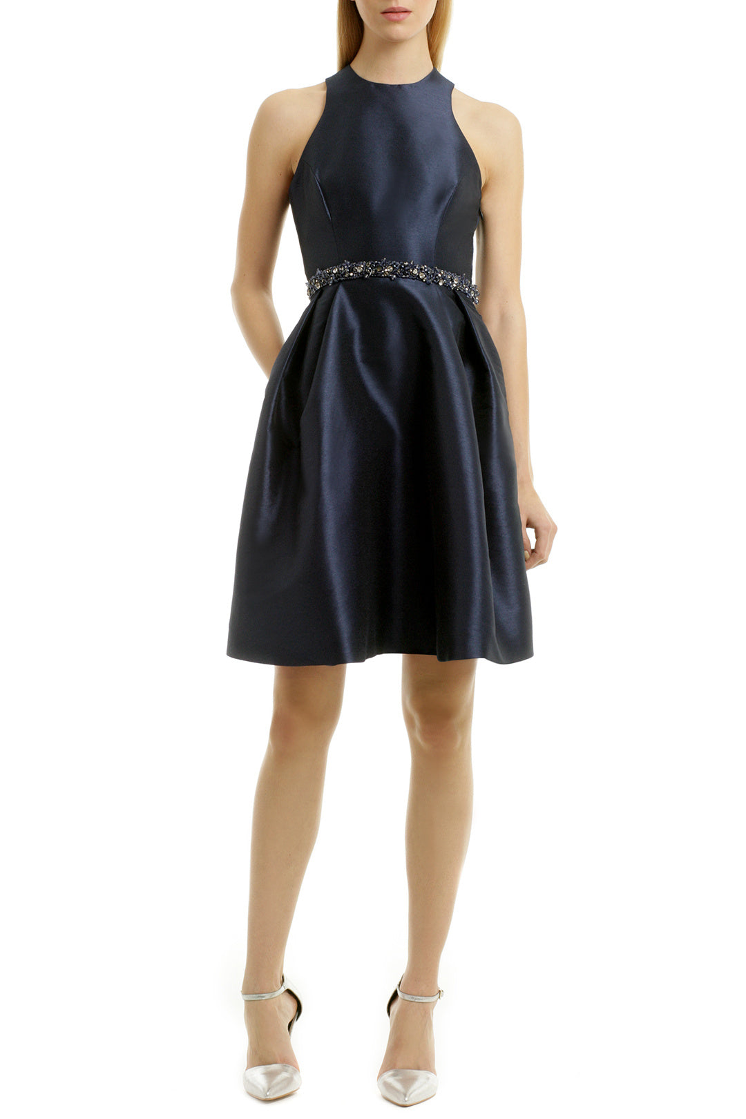 Navy Satin Senior-high Homecoming Dresses with Beaded Belt