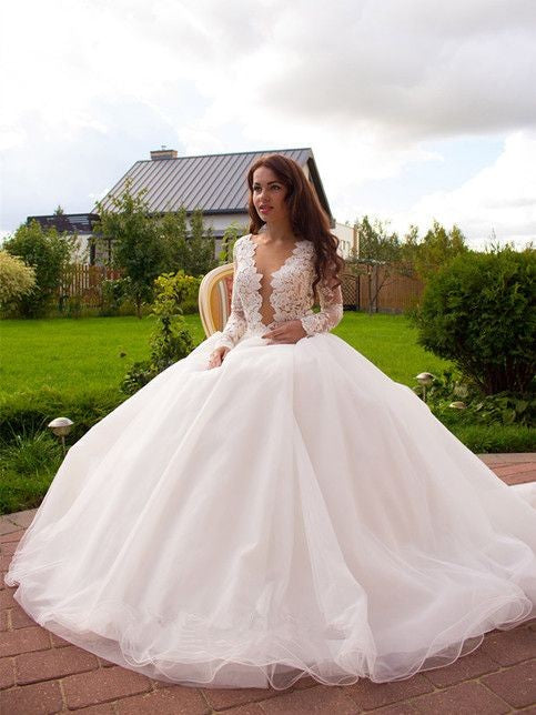 sheer-lace-sleeves-bridal-dresses-with-deep-plunging-1