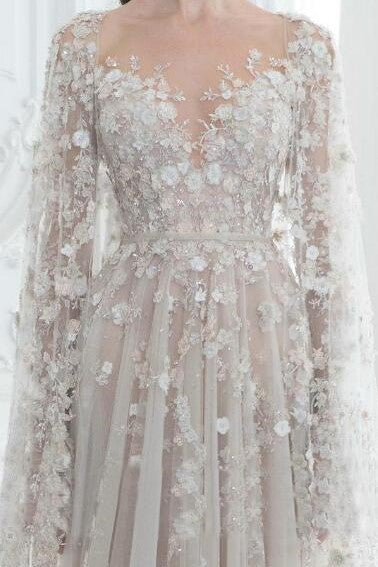 Romantic Lace Wedding Outfits Beading Bride Dress with Long Sleeves