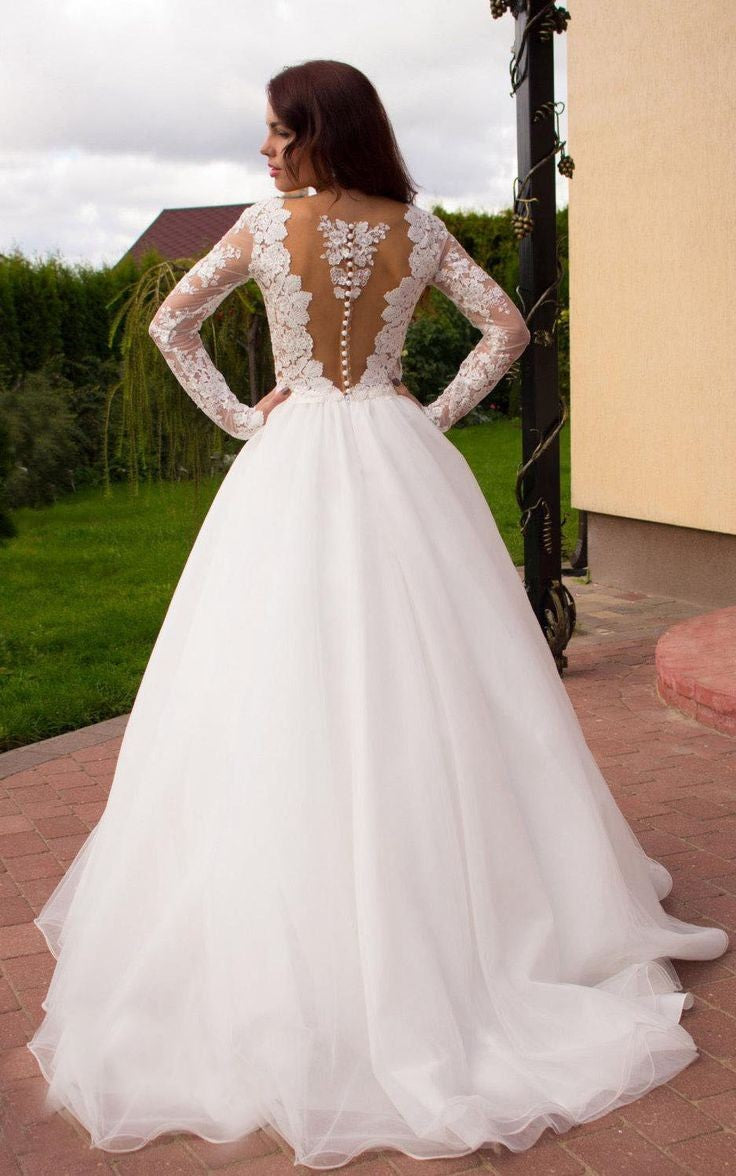 sheer-lace-sleeves-bridal-dresses-with-deep-plunging-2