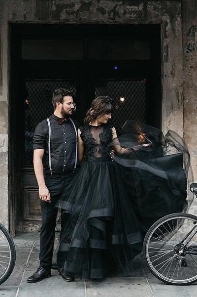 tiered-skirt-black-bridal-dresses-with-sheer-lace-bodice-2