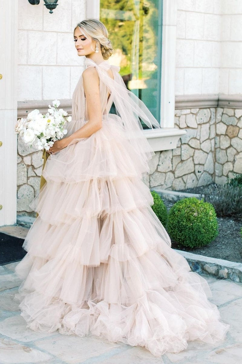 Tiered Tulle Romantic Bridal Dresses with V-neckline