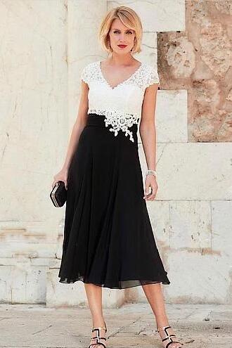 V-neck Chiffon Mother of the Bride Lace Dress with Cap Sleeves