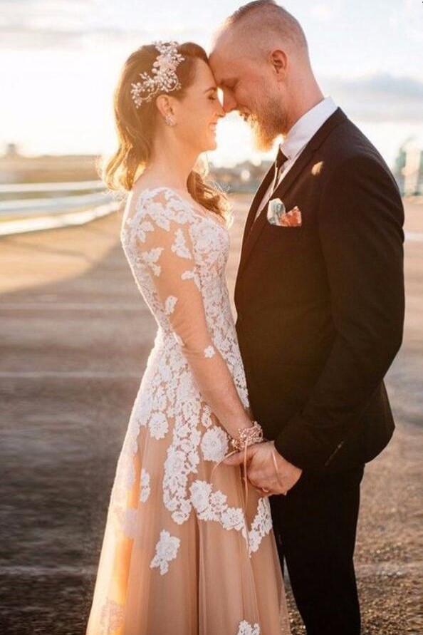 v-neckline-lace-champagne-wedding-gown-with-illusion-long-sleeves-2