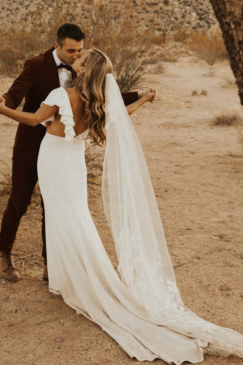 V-neckline Sheath Bridal Gown with Ruffled Sleeves