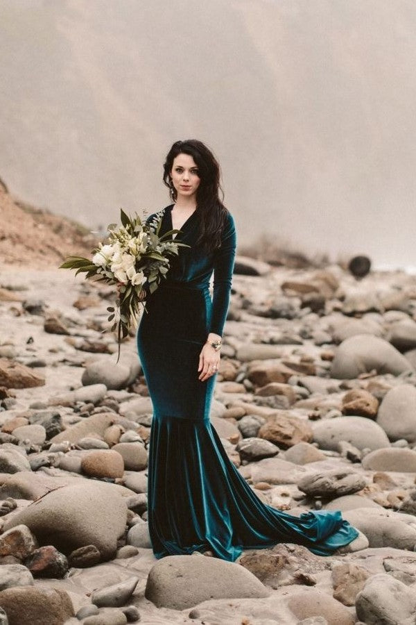 velvet-long-sleeves-ink-blue-evening-dresses-with-v-neck-2