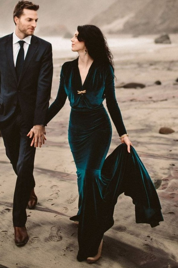 velvet-long-sleeves-ink-blue-evening-dresses-with-v-neck