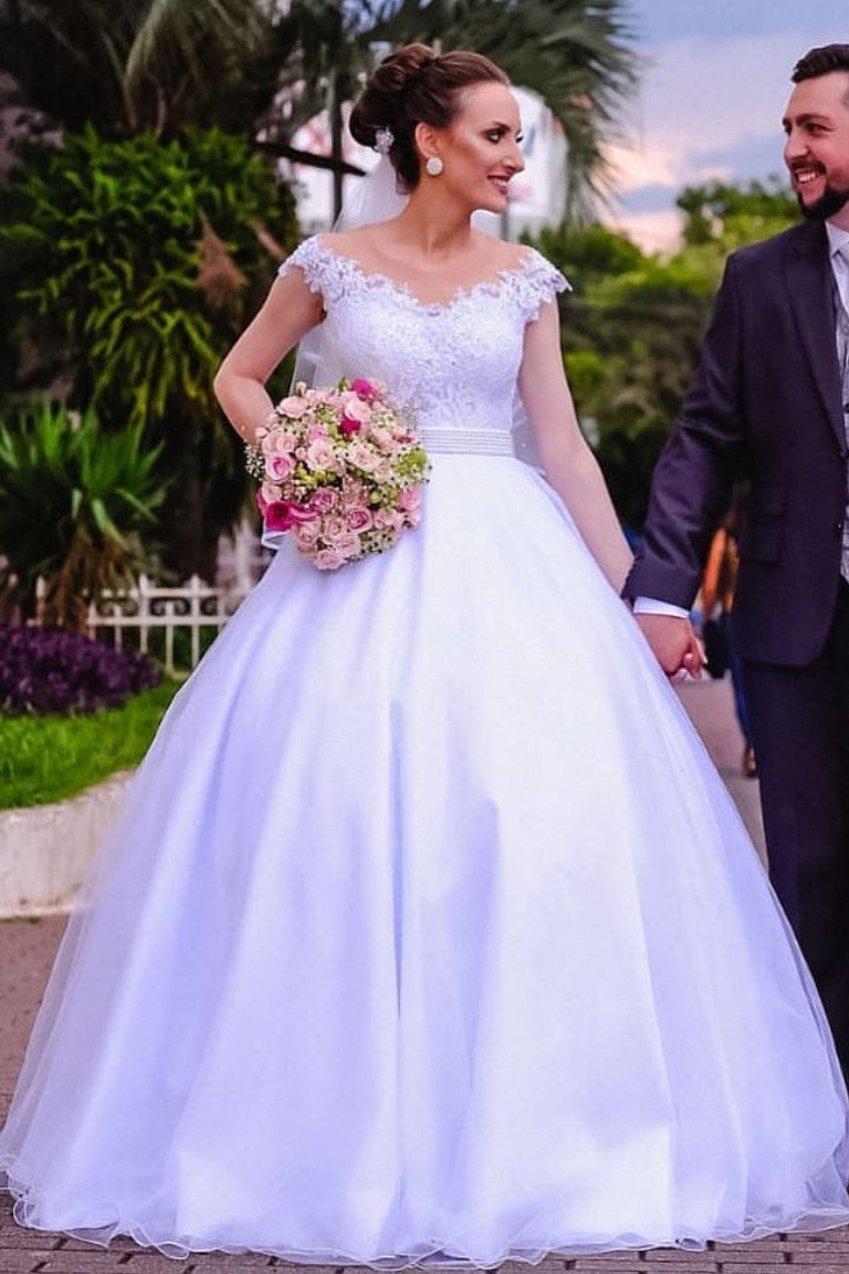 White Lace Outdoor Wedding Dresses Capped Sleeves A-line