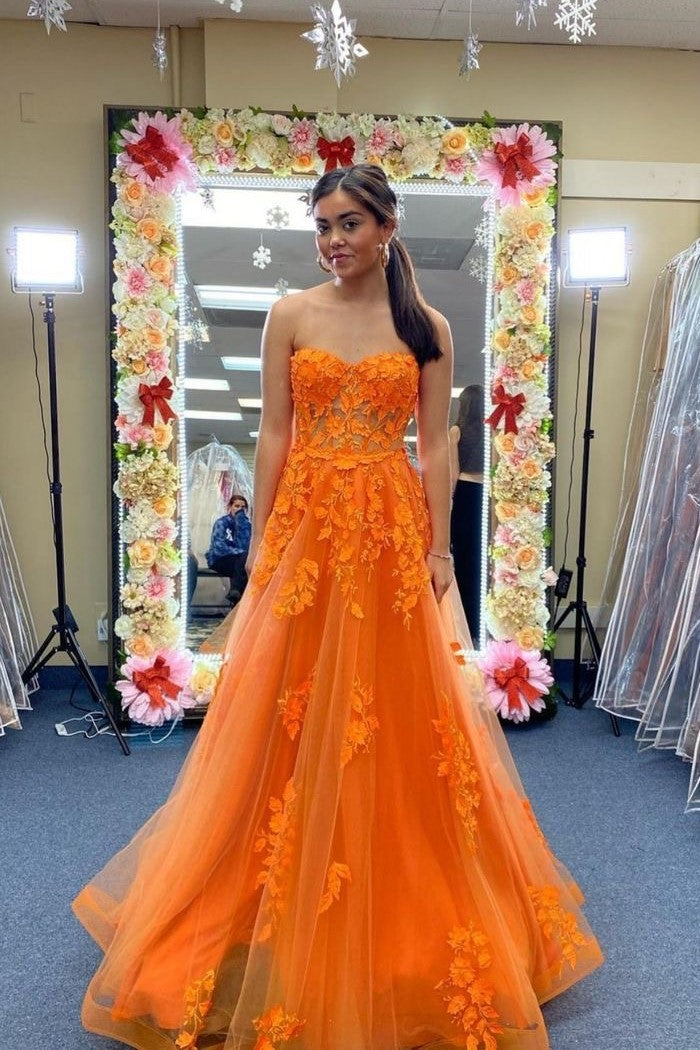 Strapless Orange Prom Dress with Semi-sheer Appliques Bodice