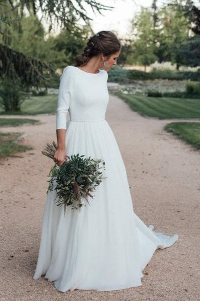 2021-simple-outdoor-bridal-dress-with-3-4-sleeves