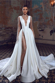 2022 Satin White Wedding Dress with High Leg Split
