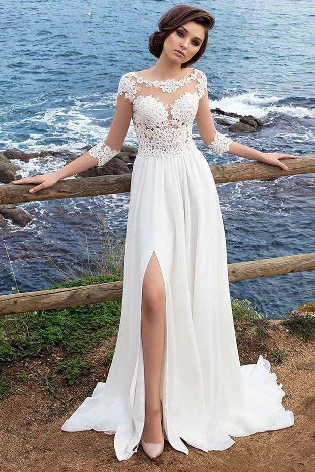 3-4-sleeves-lace-chiffon-bridal-dress-for-beach-weddings