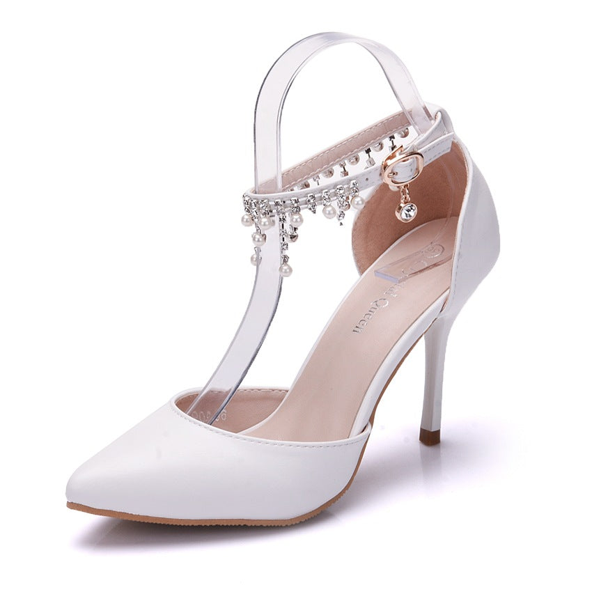 Fringed Sandals Stiletto Pointed White Bridal Shoes Women's High Heels P09L