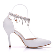 Fringed Sandals Stiletto Pointed White Bridal Shoes Women's High Heels P09L