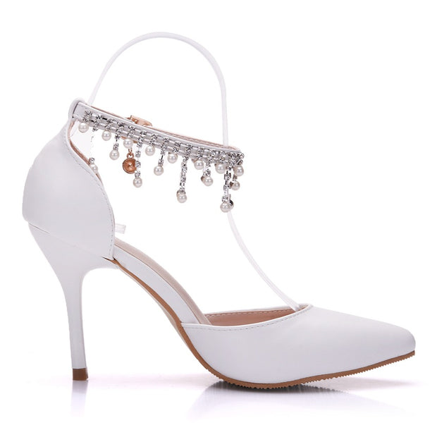 Fringed Sandals Stiletto Pointed White Bridal Shoes Women's High Heels P09L