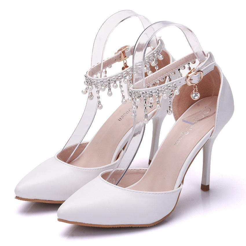 Fringed Sandals Stiletto Pointed White Bridal Shoes Women's High Heels P09L