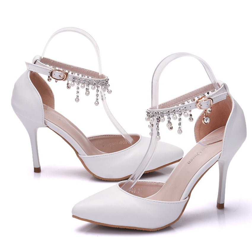 Fringed Sandals Stiletto Pointed White Bridal Shoes Women's High Heels P09L