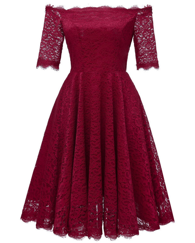Off-the-shoulder Dark Blue Bridesmaid Wedding Guest Dress with Sleeves