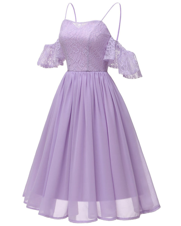 Lace&Chiffon Short Bridesmaid Dress Off-the-shoulder