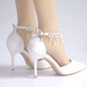 Fringed Sandals Stiletto Pointed White Bridal Shoes Women's High Heels P09L