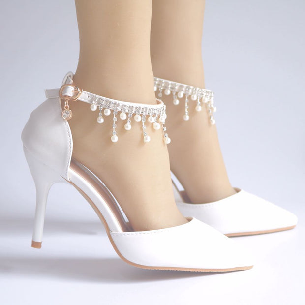 Fringed Sandals Stiletto Pointed White Bridal Shoes Women's High Heels P09L