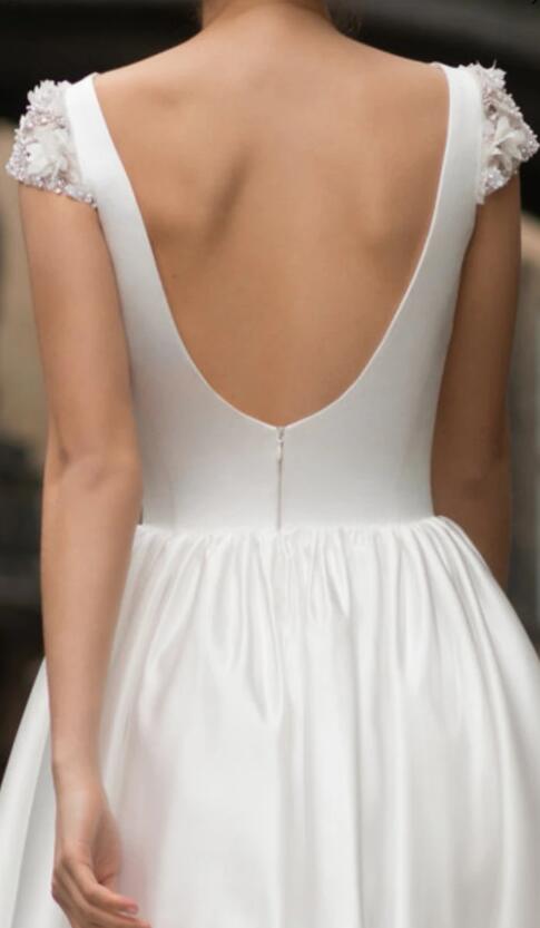 Beaded Capped Sleeves Tea-length Bridal Gown with Pockets