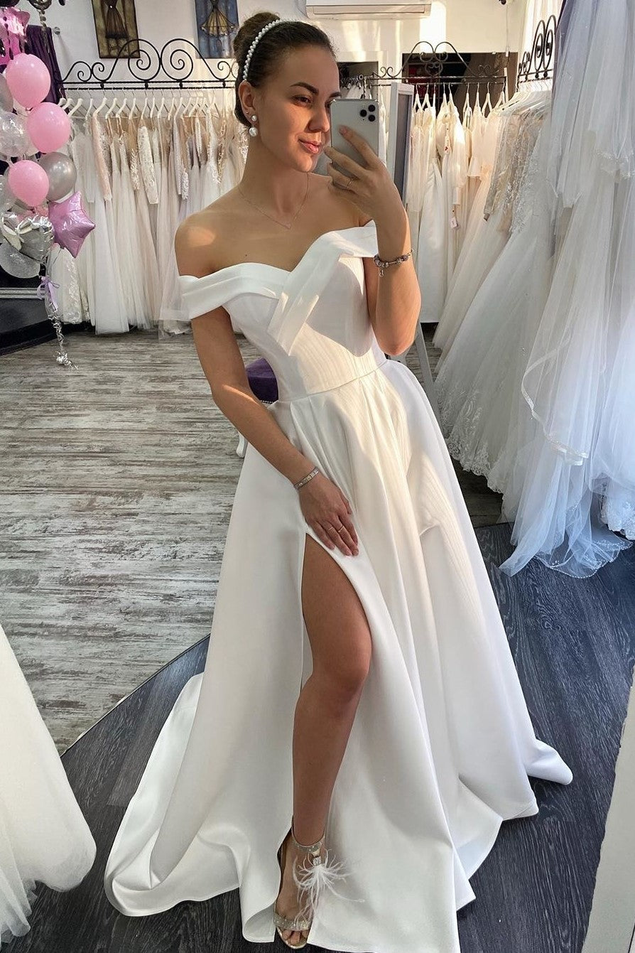 a-line-white-informal-bridal-dresses-with-high-thigh-slit