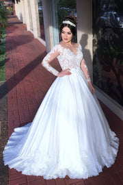 Appliqued Train Wedding Dresses with Illusion Long Sleeves