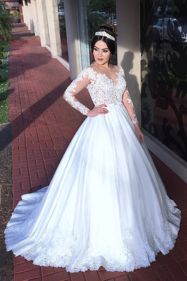 Appliqued Train Wedding Dresses with Illusion Long Sleeves