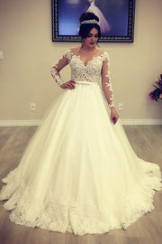 Appliqued Train Wedding Dresses with Illusion Long Sleeves