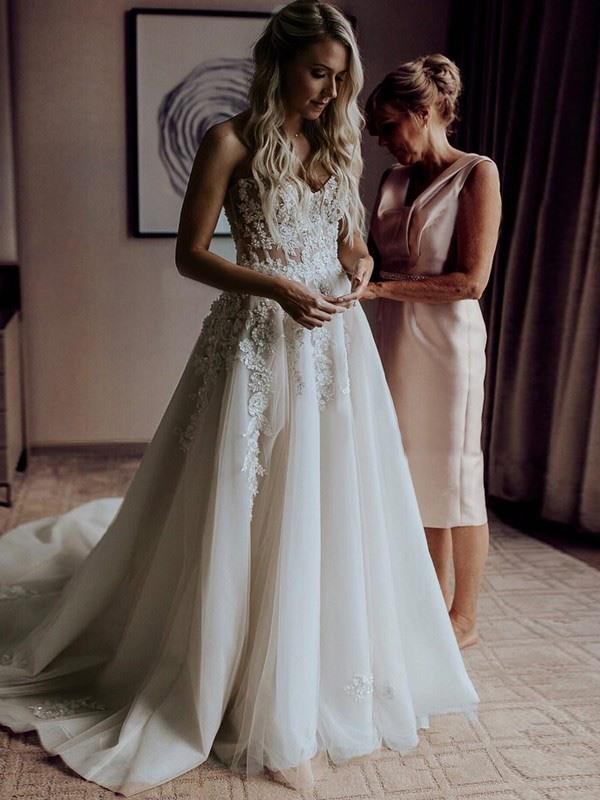 Appliques Lace Corset A-line Bridal Dress Tulle Skirt