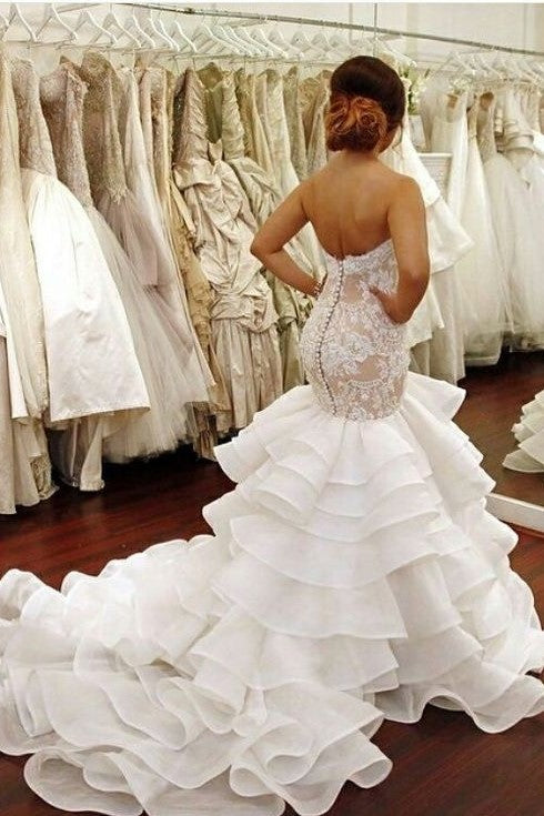 backless-lace-strapless-bridal-dresses-mermaid-ruffled-train