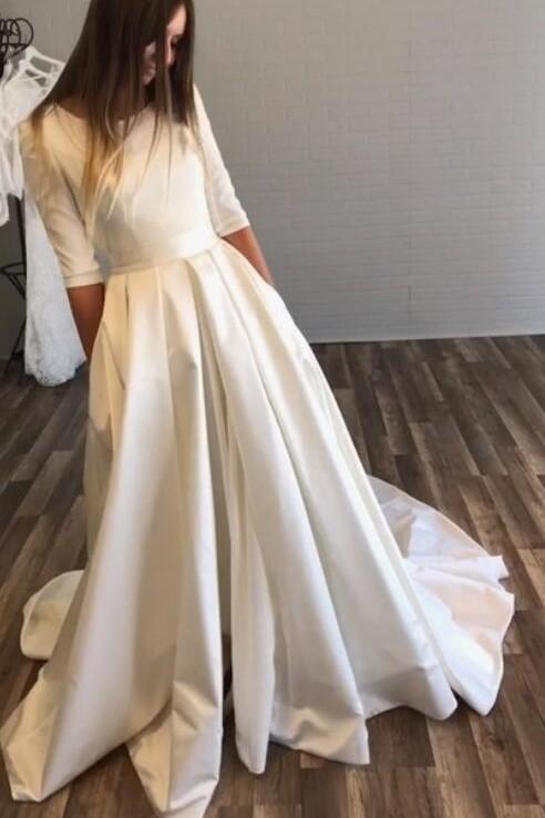 bateau-satin-half-sleeves-wedding-dresses-with-pockets-2