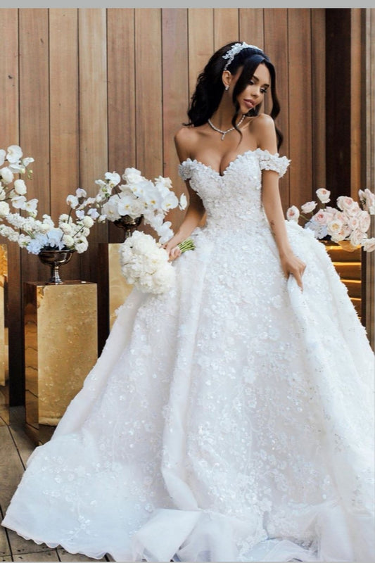 bead-flower-white-princess-wedding-gown-off-the-shoulder