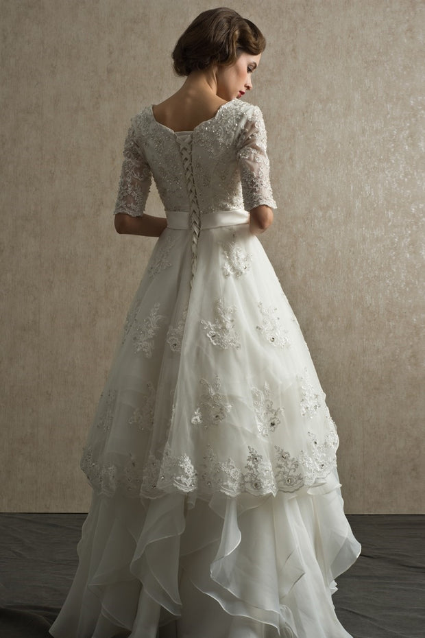 bead-lace-elbow-sleeves-wedding-dress-with-layers-organza-skirt-1