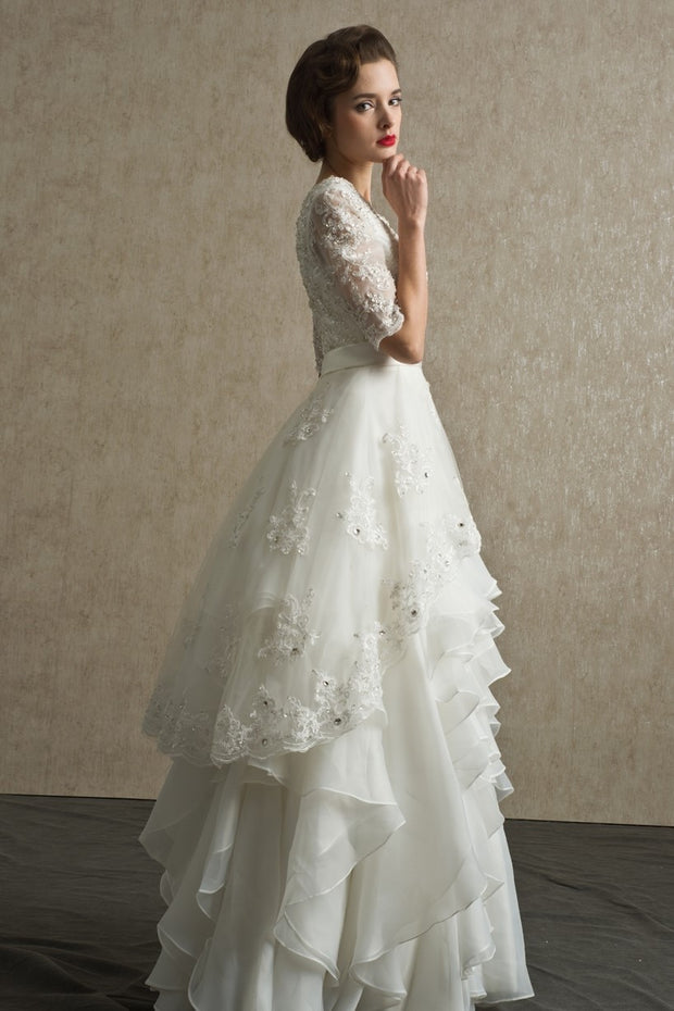 bead-lace-elbow-sleeves-wedding-dress-with-layers-organza-skirt-2
