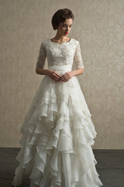 bead-lace-elbow-sleeves-wedding-dress-with-layers-organza-skirt