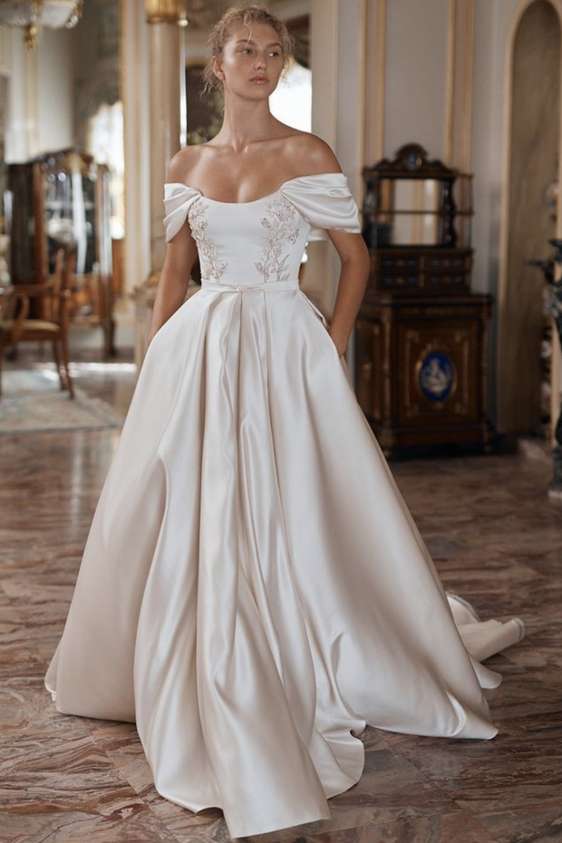 beaded-appliques-satin-wedding-gown-with-ruched-off-the-shoulder