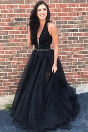 beaded-black-tulle-prom-gown-with-plunging-halter-neckline