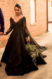 beaded-lace-black-wedding-dresses-long-sleeves