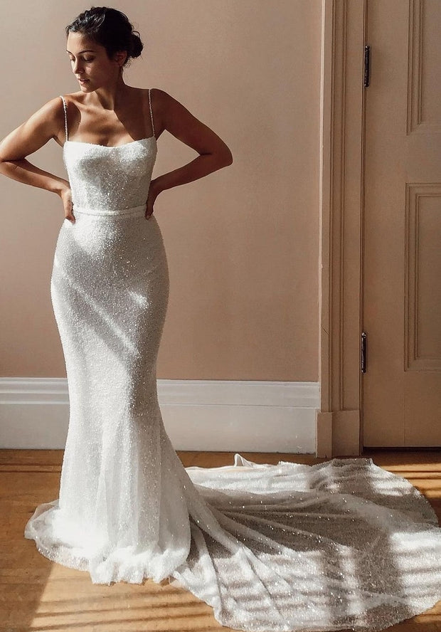 Beaded Sequin Sheath Bridal Gown with Spaghetti Straps