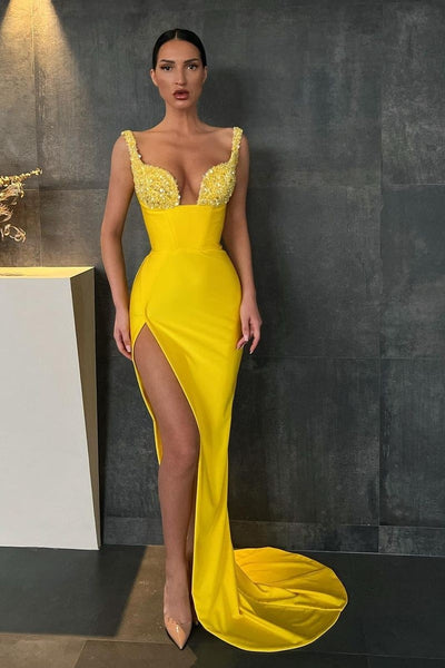 beaded-yellow-prom-dresses-with-side-split