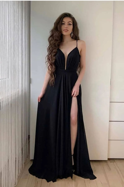 black-chiffon-a-line-prom-dresses-with-plunging-neckline