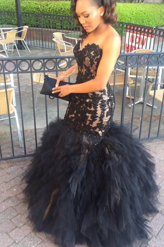 black-lace-african-prom-dress-styles-mermaid-ruffled-skirt